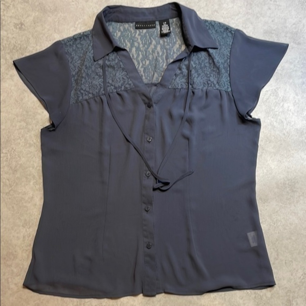 Apostrophe woman’s dark gray sheer lace short sleeve blouse size L